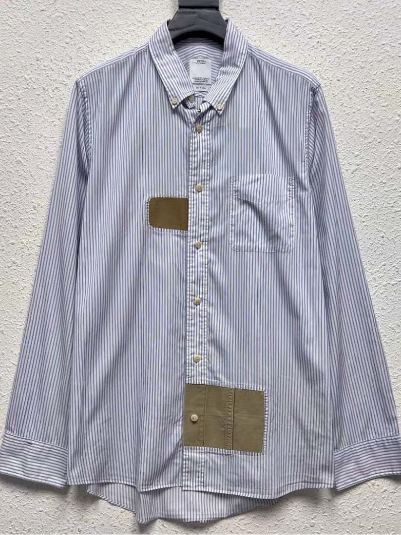 Visvim Blue And White Striped Button-Down Shirt With Tan Patch Details